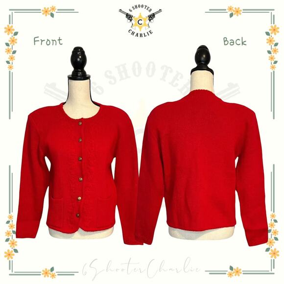 Vintage TALLY-HO Red Button-Up Cardigan Sweater Jacket Embroidered Flowers SZ PM - Picture 1 of 6